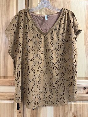 Katherine Barclay Tan Faux Suede Laser-Cut V-Neck Western Blouse Top Size M